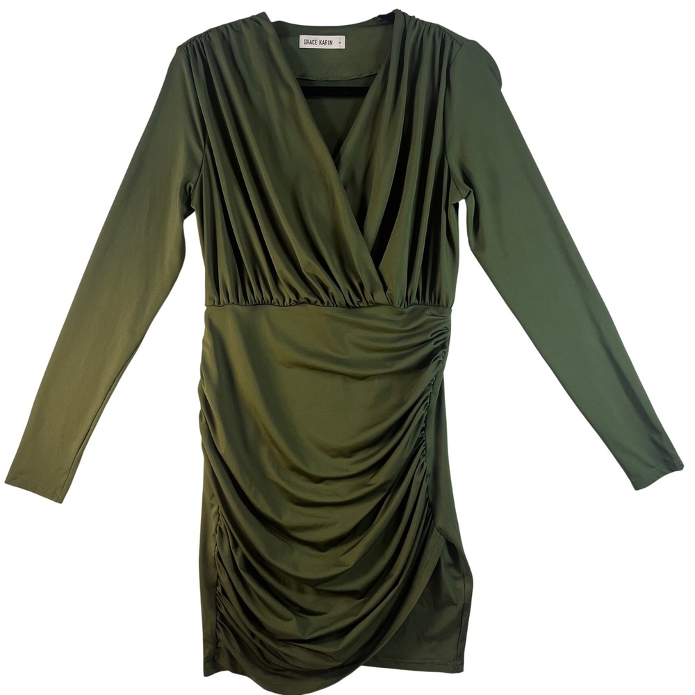 Grace Karin Olive Green Wrap Ruched Mini Dress Long Sleeve V-Neck Size S